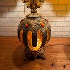 Pair 1972 Mid Century EF & EF Orange Hollywood Regency Lamps 1970s Jeweled Gold