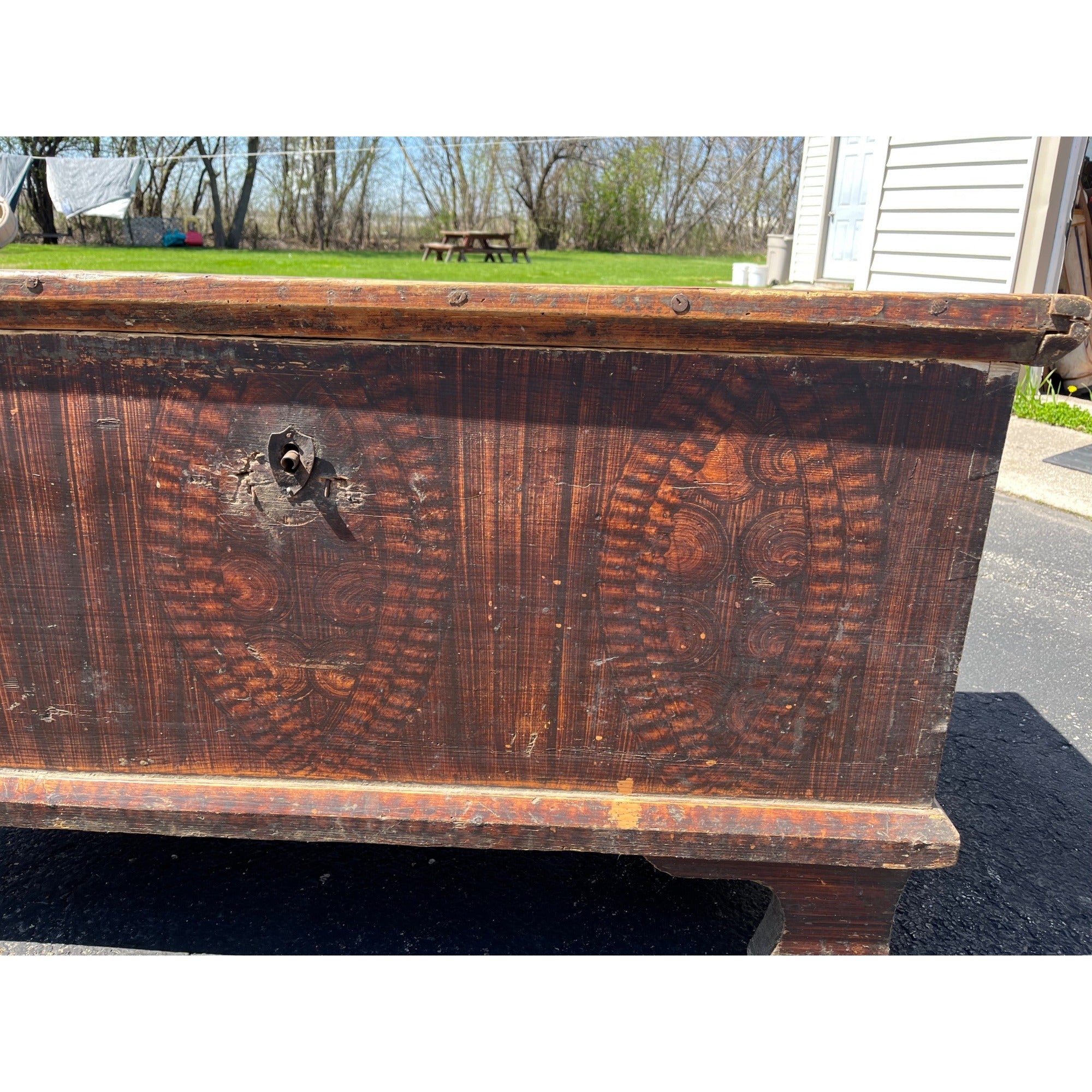 Antique Primitive 19th c. Grain Painted Carpenters Tool Chest Trunk Footed AAFA