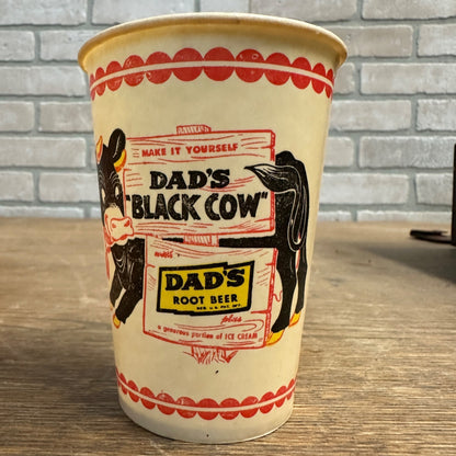 VINTAGE DAD'S ROOT BEER BLACK COW ADVERTISING WAX PAPER CUP