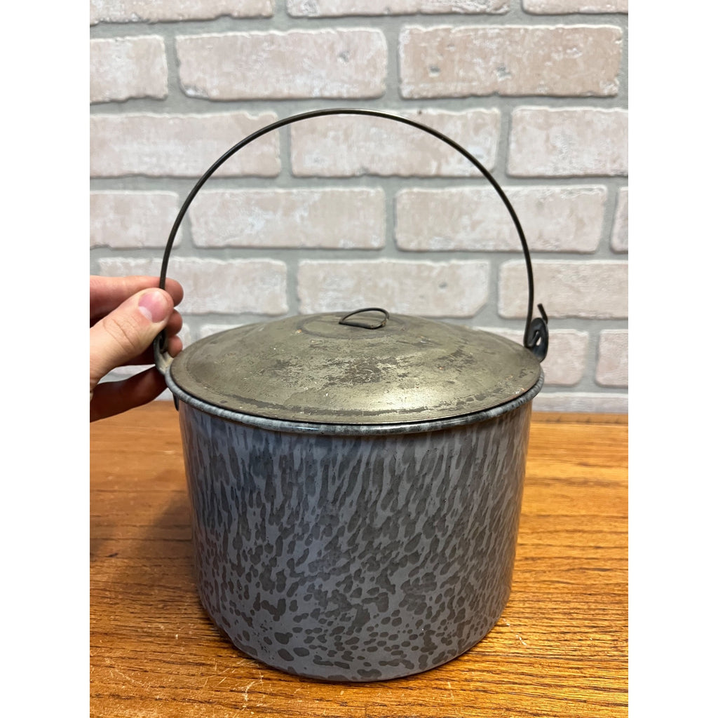 Antique Primitive Gray Enamel Graniteware Berry Bucket / Lunch Pail Lidded Farmhouse Decor