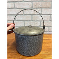 Antique Primitive Gray Enamel Graniteware Berry Bucket / Lunch Pail Lidded Farmhouse Decor