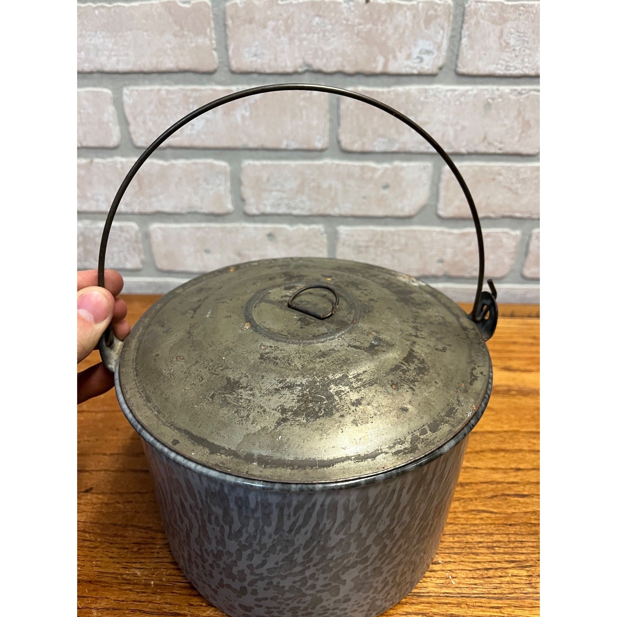 Antique Primitive Gray Enamel Graniteware Berry Bucket / Lunch Pail Lidded Farmhouse Decor