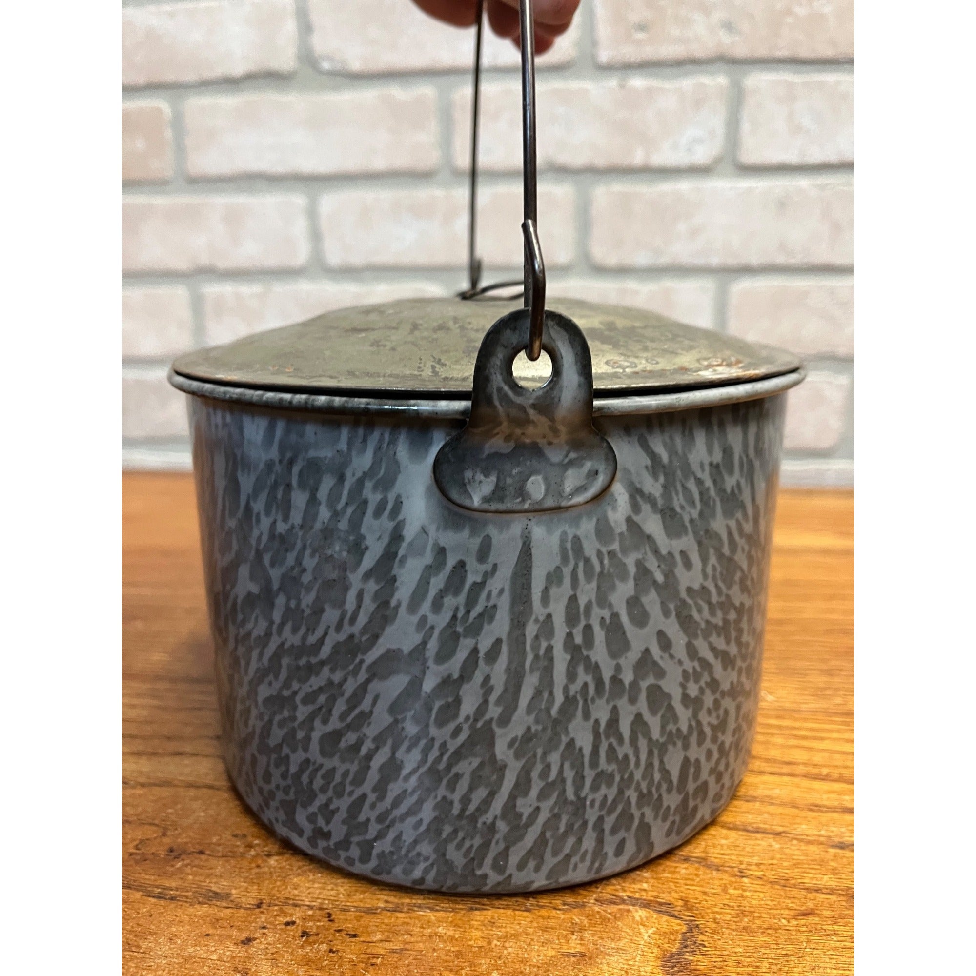 Antique Primitive Gray Enamel Graniteware Berry Bucket / Lunch Pail Lidded Farmhouse Decor