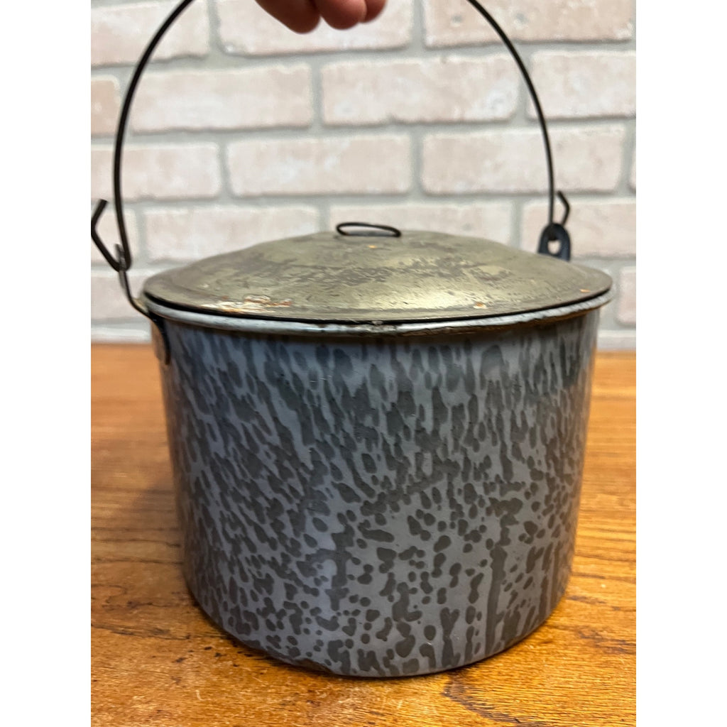 Antique Primitive Gray Enamel Graniteware Berry Bucket / Lunch Pail Lidded Farmhouse Decor
