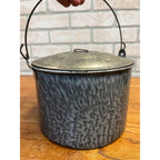 Antique Primitive Gray Enamel Graniteware Berry Bucket / Lunch Pail Lidded Farmhouse Decor