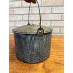 Antique Primitive Gray Enamel Graniteware Berry Bucket / Lunch Pail Lidded Farmhouse Decor