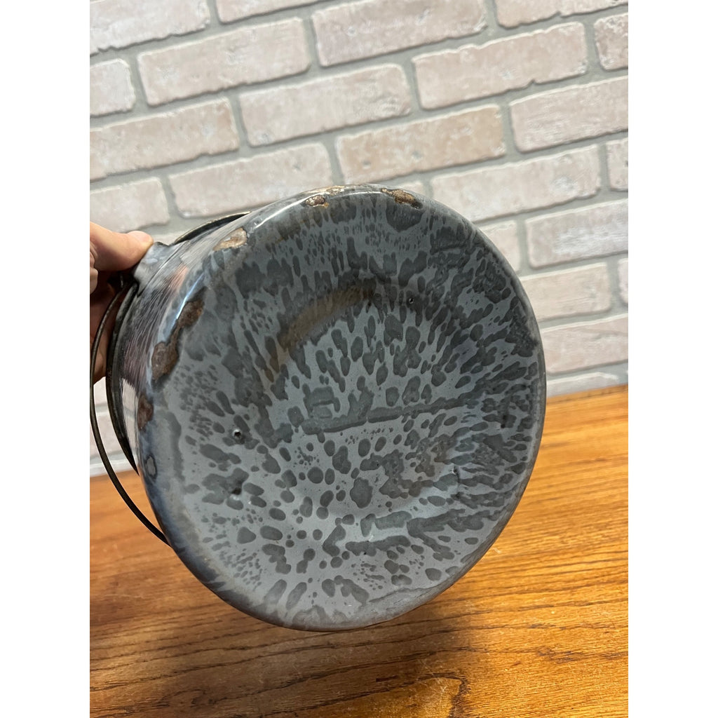Antique Primitive Gray Enamel Graniteware Berry Bucket / Lunch Pail Lidded Farmhouse Decor