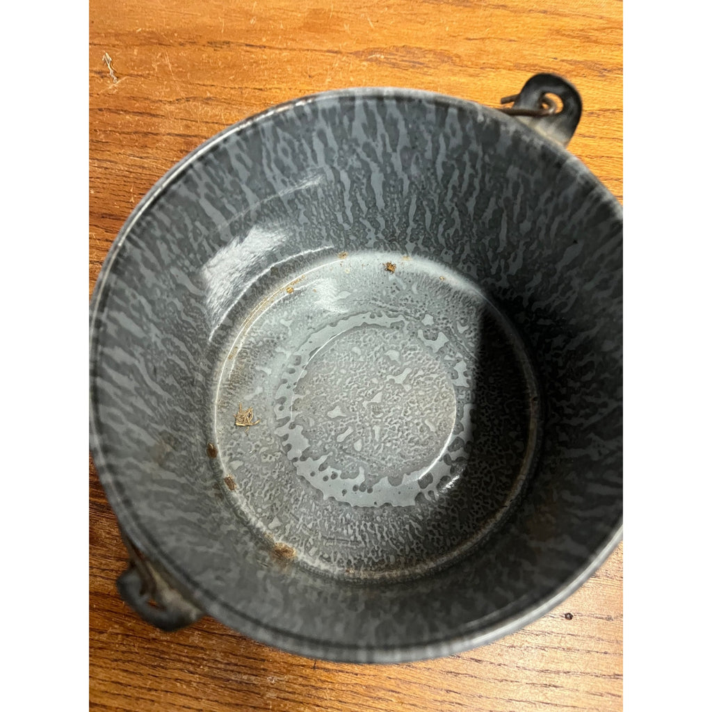 Antique Primitive Gray Enamel Graniteware Berry Bucket / Lunch Pail Lidded Farmhouse Decor