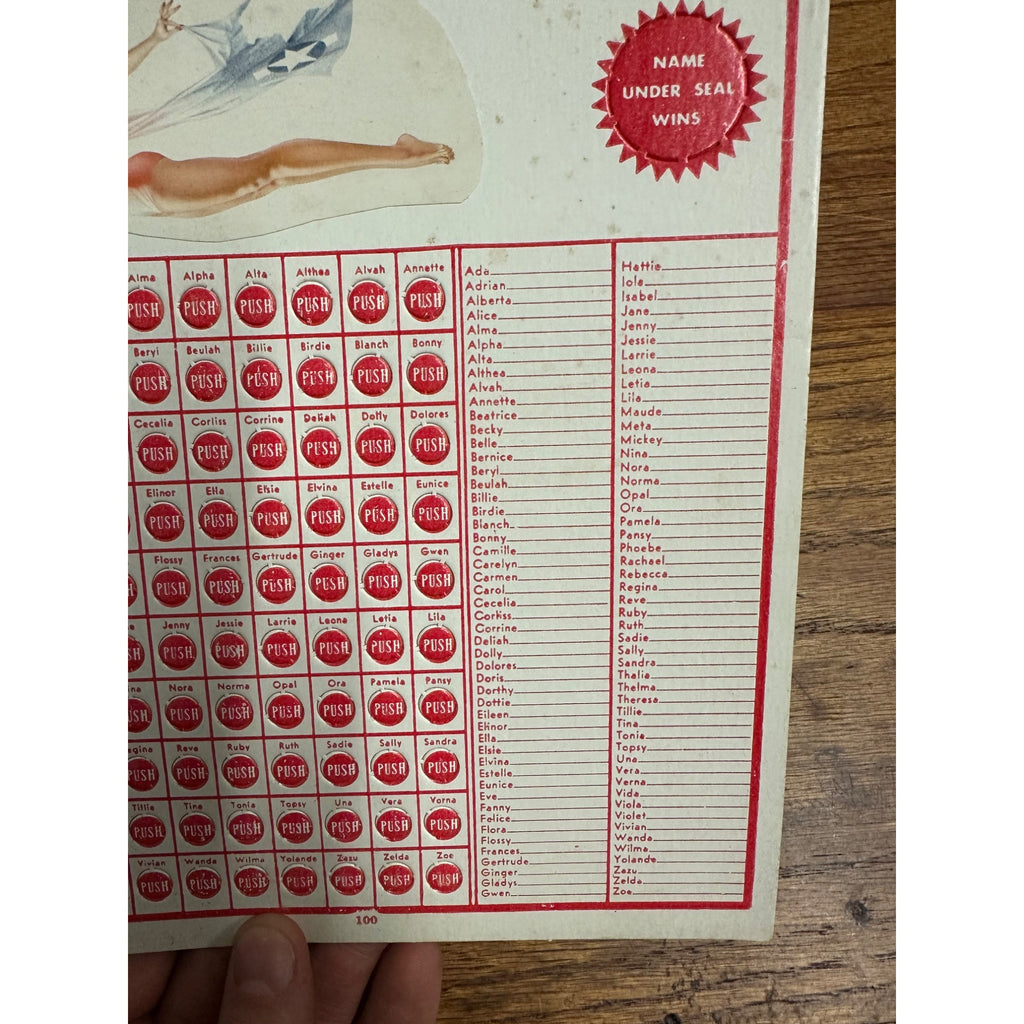 1940s Punch Board/Trade Stimulator Pinup Girlie Name Game Unused