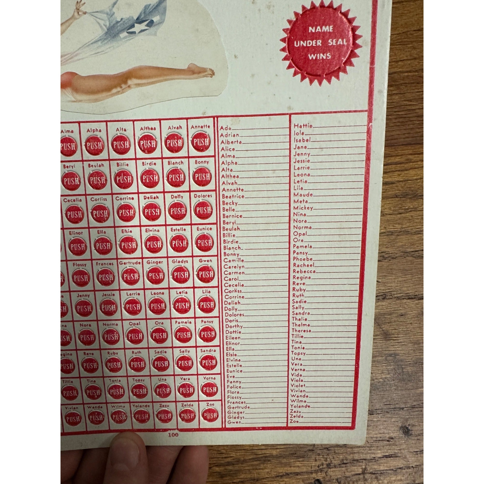 1940s Punch Board/Trade Stimulator Pinup Girlie Name Game Unused