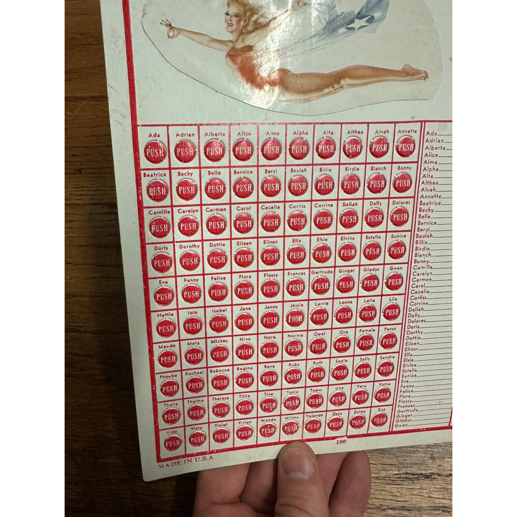 1940s Punch Board/Trade Stimulator Pinup Girlie Name Game Unused