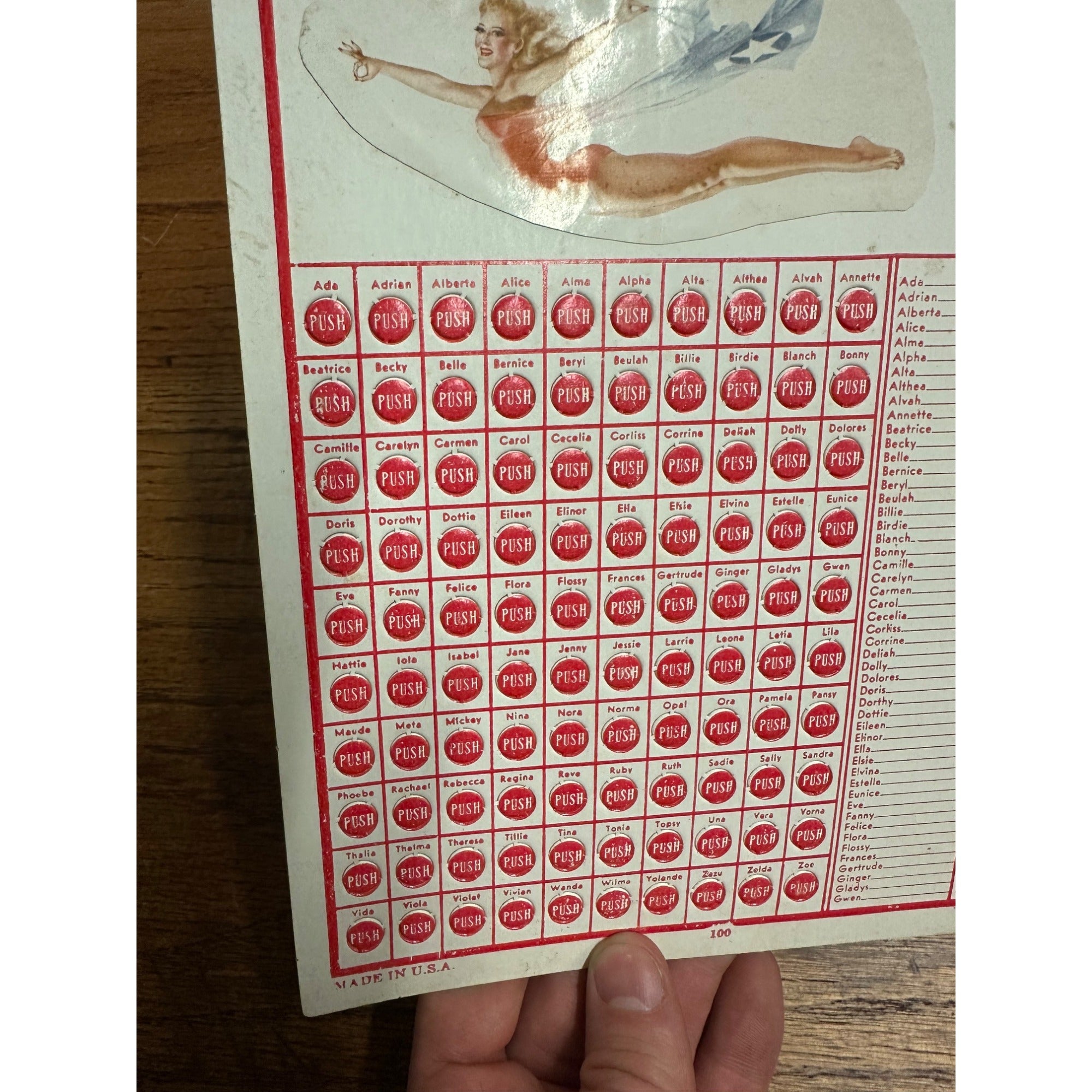 1940s Punch Board/Trade Stimulator Pinup Girlie Name Game Unused