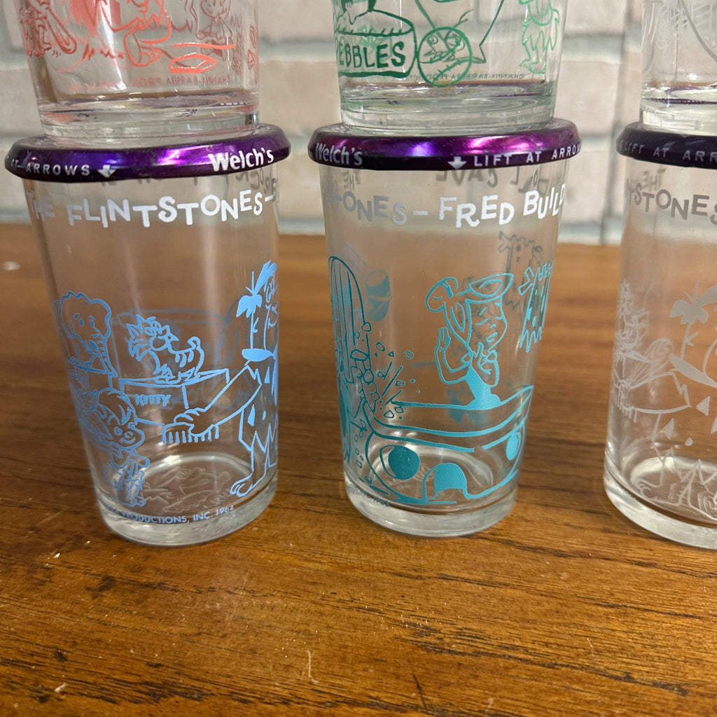 Lot of 8 Vintage Flintsone Welches Grape Jelly w/ Lids, All Different Retro