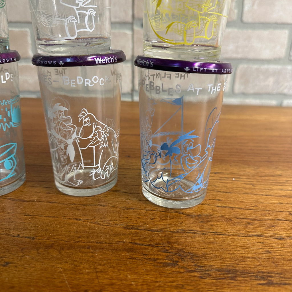 Lot of 8 Vintage Flintsone Welches Grape Jelly w/ Lids, All Different Retro