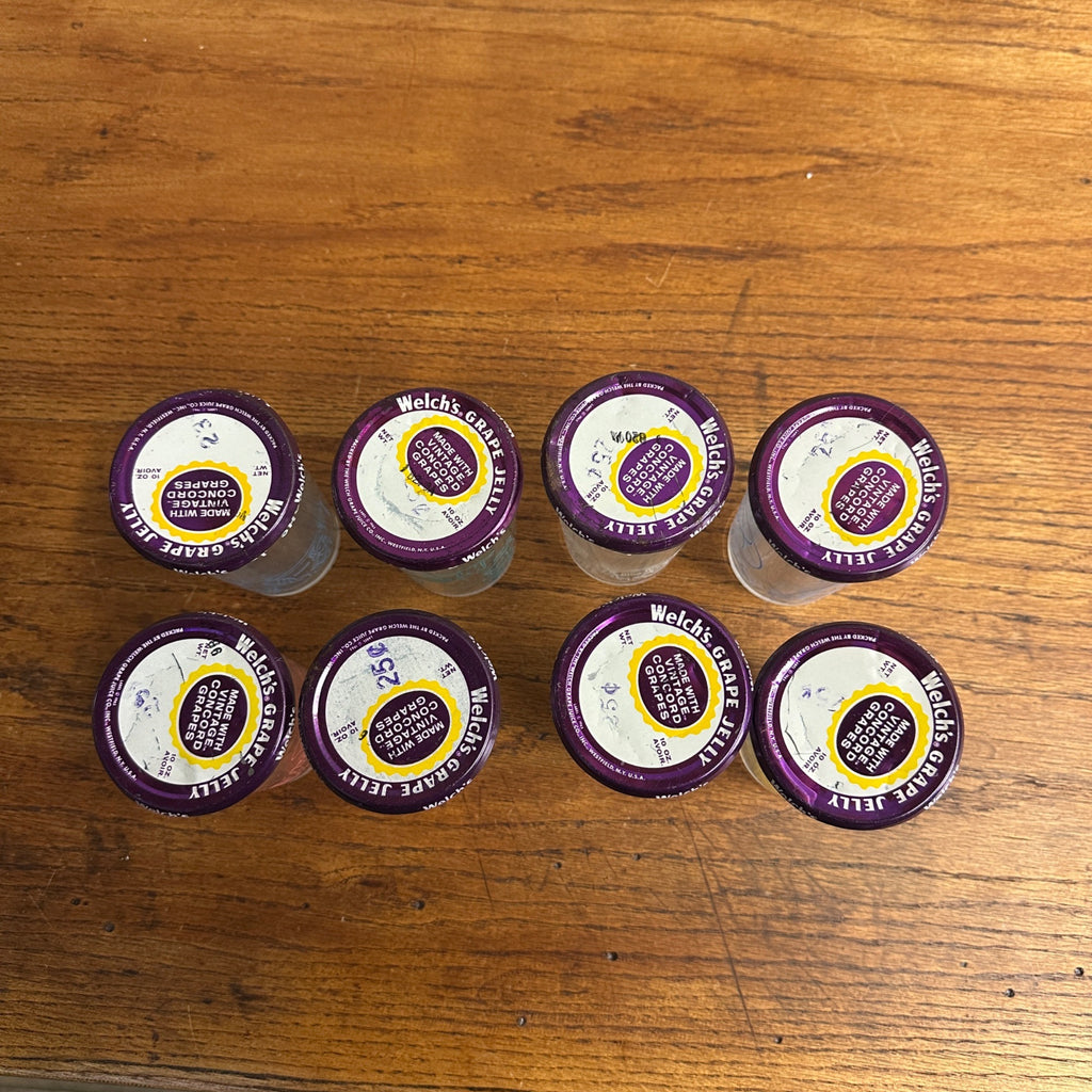 Lot of 8 Vintage Flintsone Welches Grape Jelly w/ Lids, All Different Retro