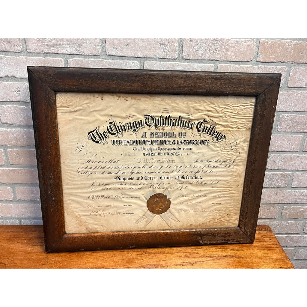 Vintage School of Ophthalmology Otology Certificate 1895 Chicago Eye Doctor Optometry