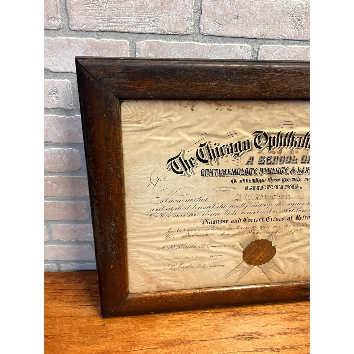 Vintage School of Ophthalmology Otology Certificate 1895 Chicago Eye Doctor Optometry