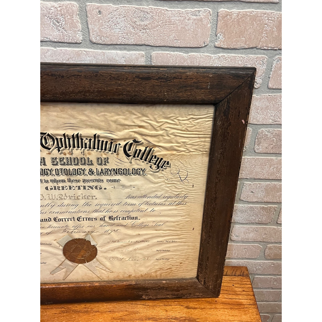 Vintage School of Ophthalmology Otology Certificate 1895 Chicago Eye Doctor Optometry