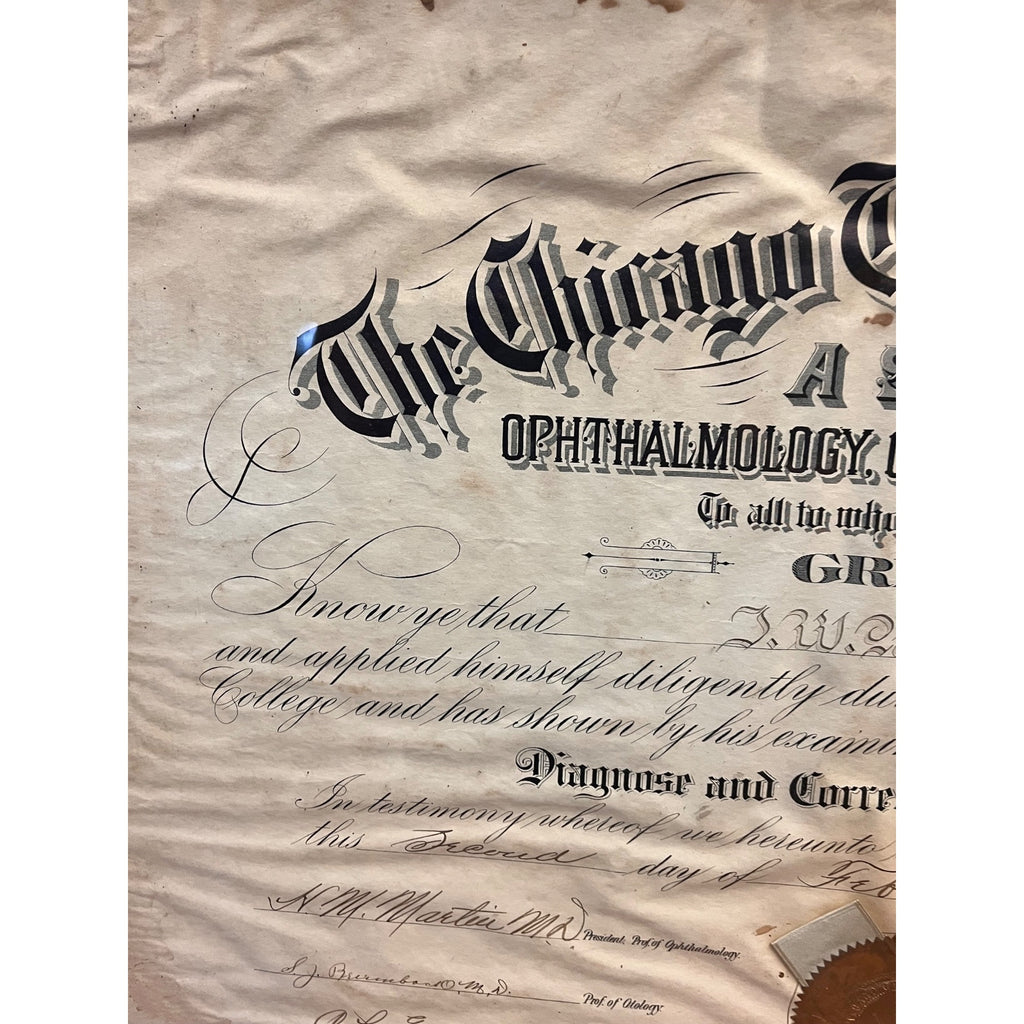 Vintage School of Ophthalmology Otology Certificate 1895 Chicago Eye Doctor Optometry