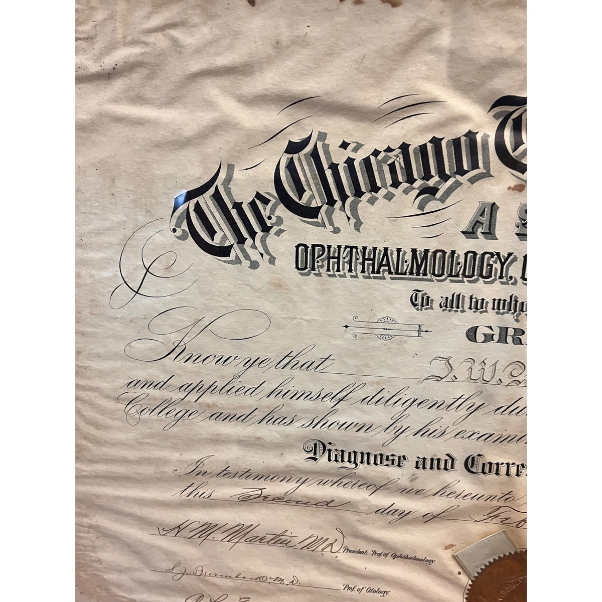 Vintage School of Ophthalmology Otology Certificate 1895 Chicago Eye Doctor Optometry