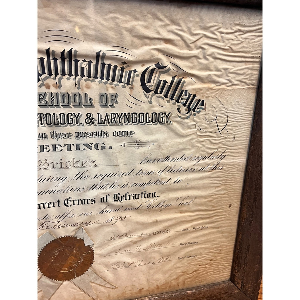 Vintage School of Ophthalmology Otology Certificate 1895 Chicago Eye Doctor Optometry