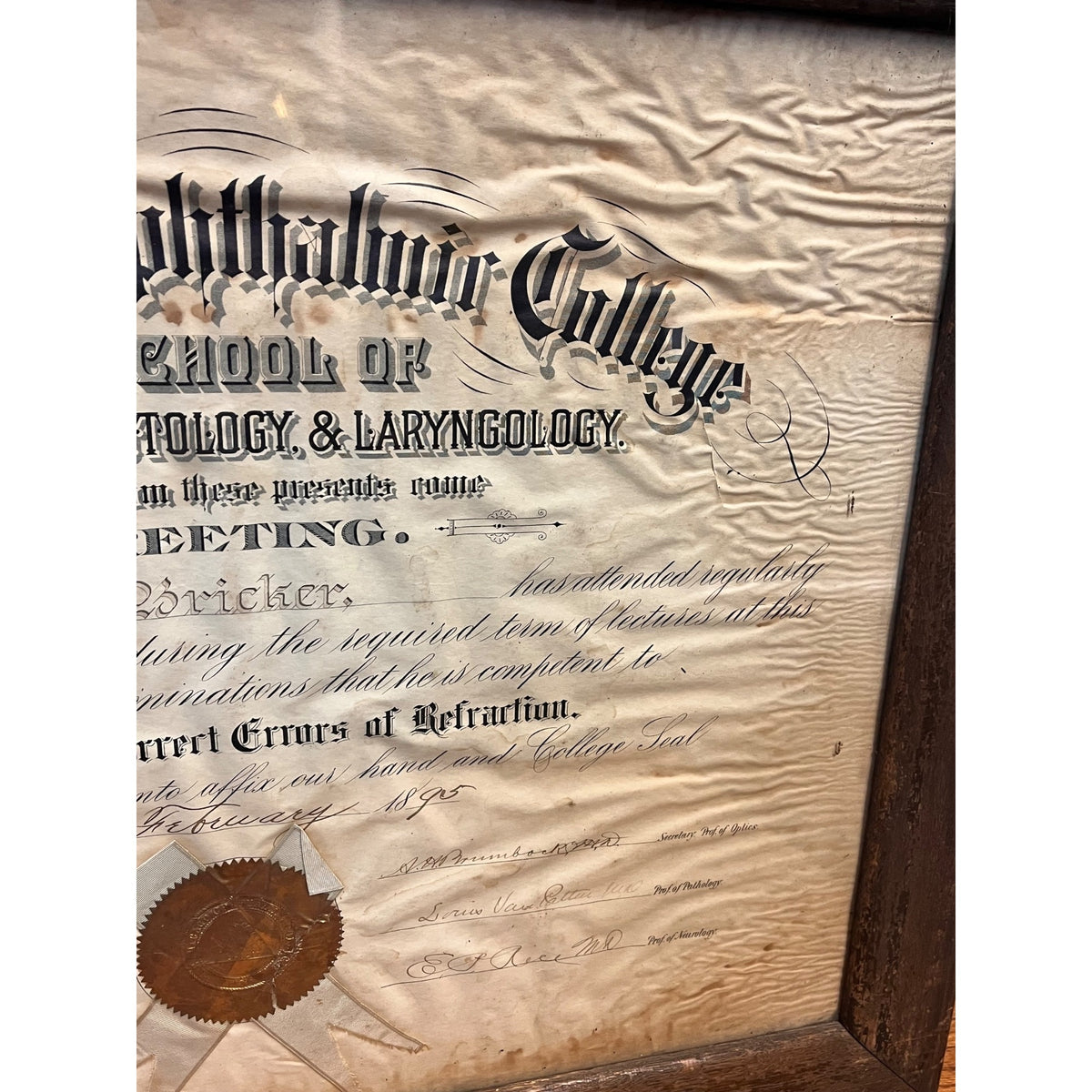Vintage School of Ophthalmology Otology Certificate 1895 Chicago Eye Doctor Optometry