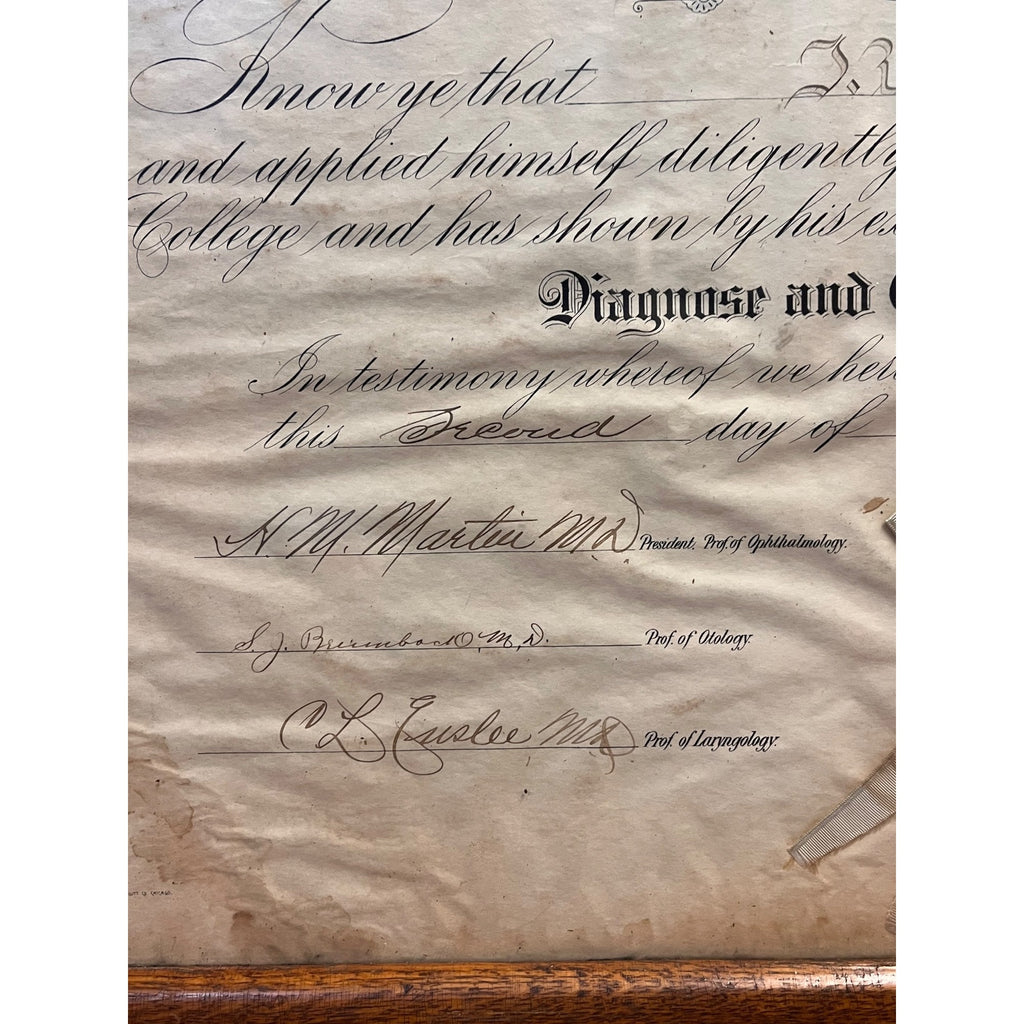 Vintage School of Ophthalmology Otology Certificate 1895 Chicago Eye Doctor Optometry