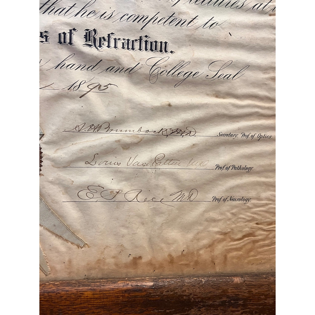 Vintage School of Ophthalmology Otology Certificate 1895 Chicago Eye Doctor Optometry