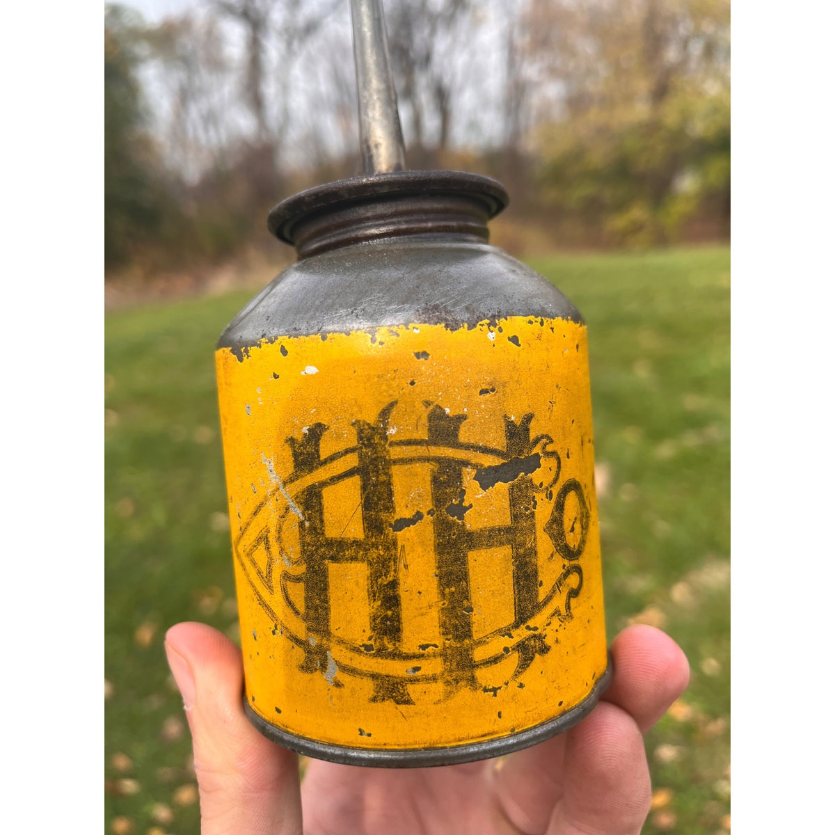 Antique HH Co Advertising Oil Can Oiler Farm Implement Hunt & Helm Harvard IL