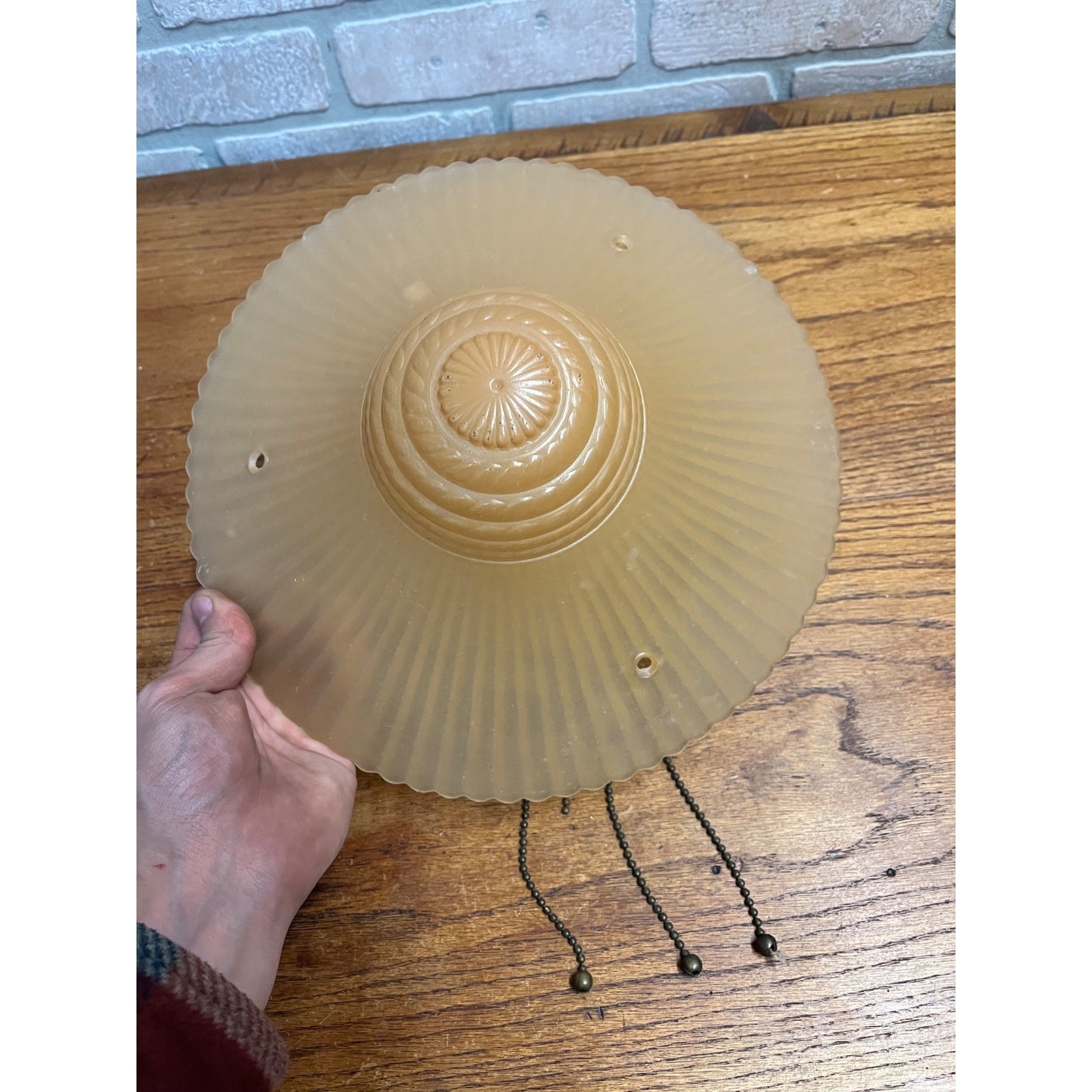 Vintage Ceiling Light Fixture Orange Peach Salmon Round 11" Shell Globe 3 Chain