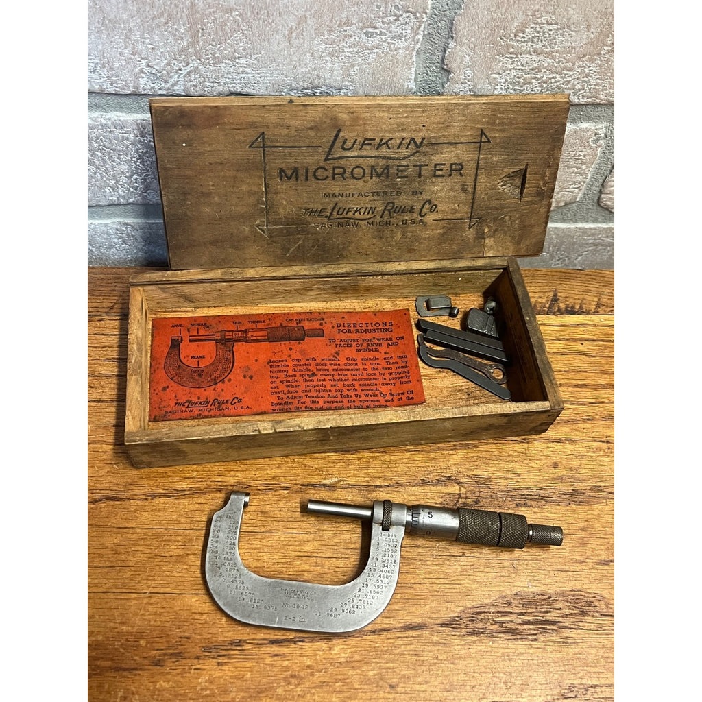 Vintage Lufkin Rule Co. Micrometer 2" Caliper Hand Tool and Wooden Storage Box Saginaw, Michigan USA