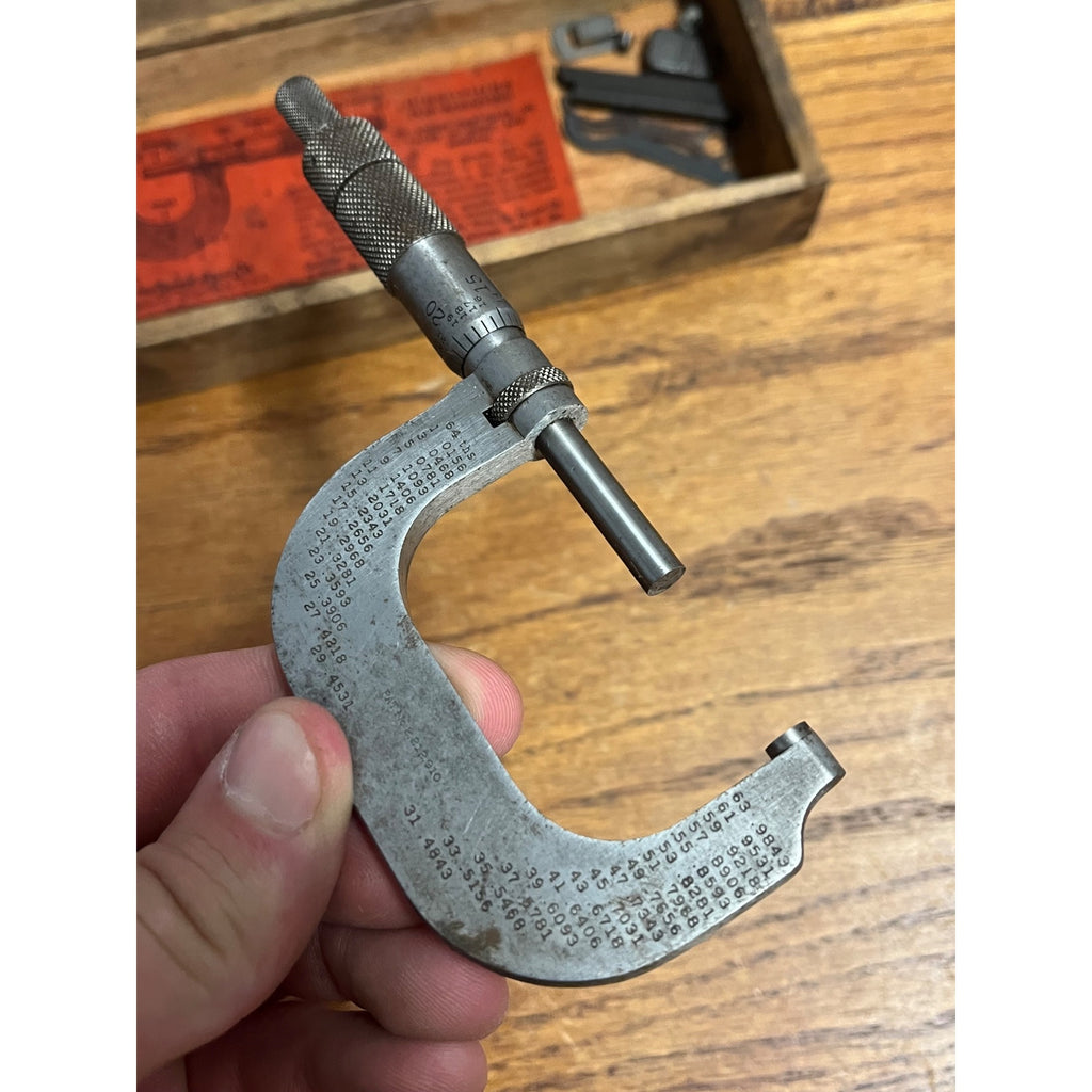 Vintage Lufkin Rule Co. Micrometer 2" Caliper Hand Tool and Wooden Storage Box Saginaw, Michigan USA
