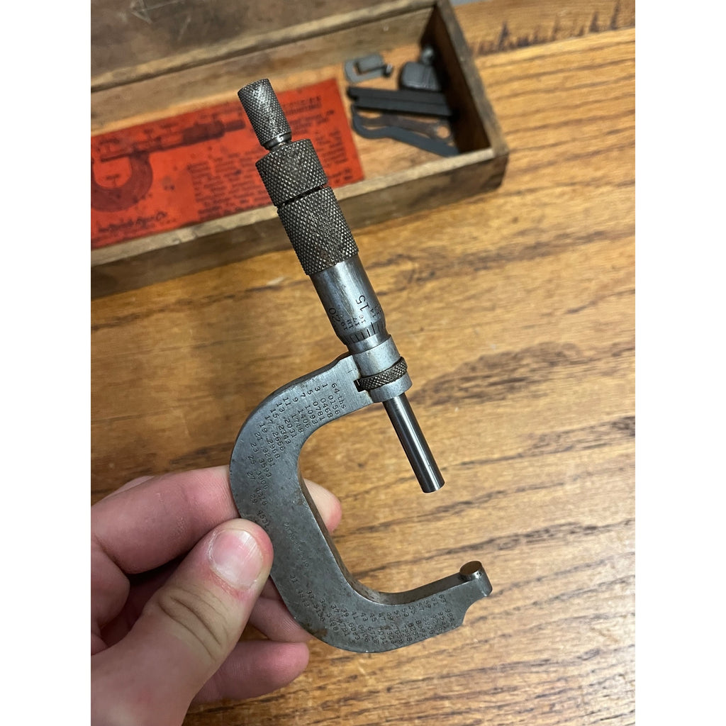 Vintage Lufkin Rule Co. Micrometer 2" Caliper Hand Tool and Wooden Storage Box Saginaw, Michigan USA
