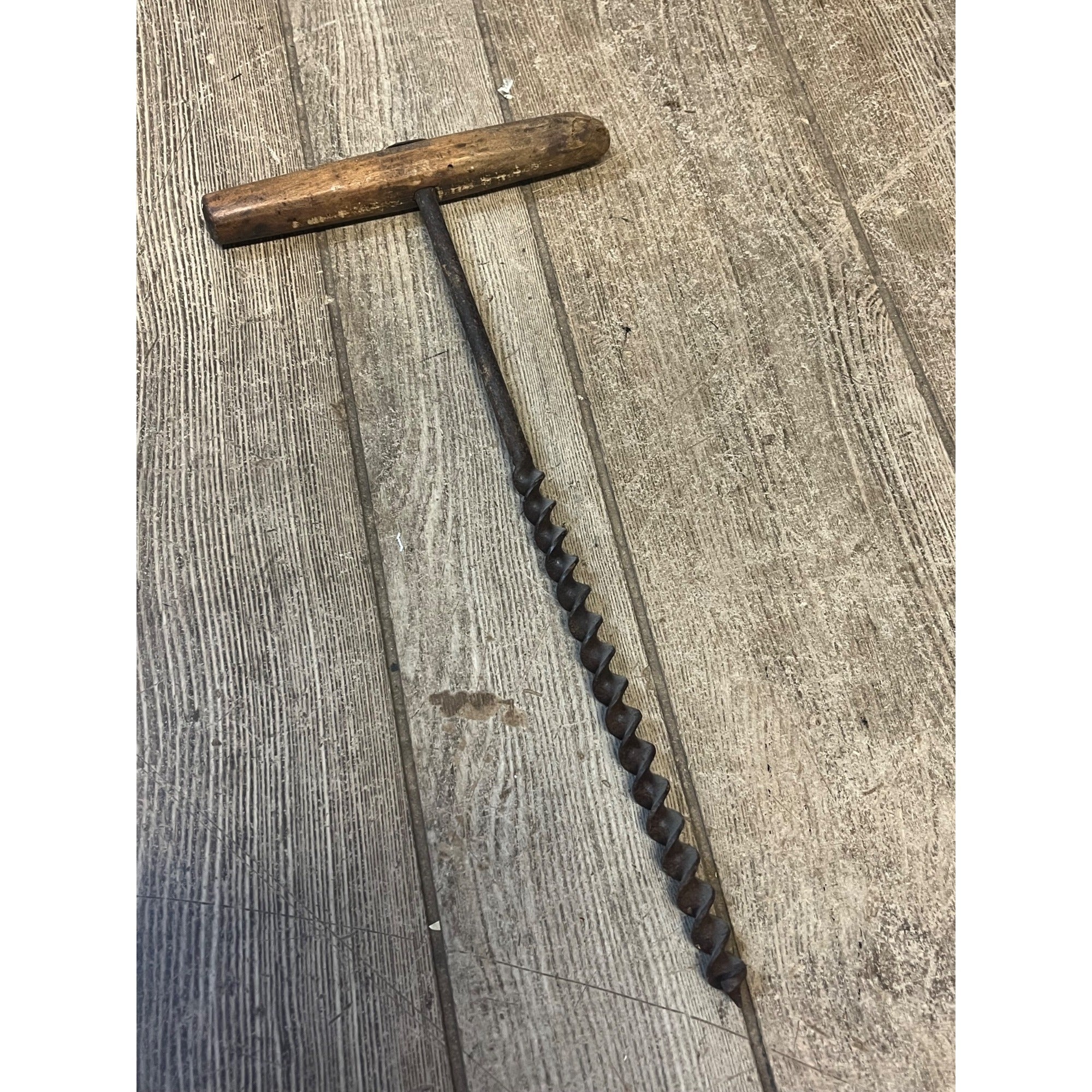 Antique Early Wooden T-Handle Drill Auger Farm Hand Tool