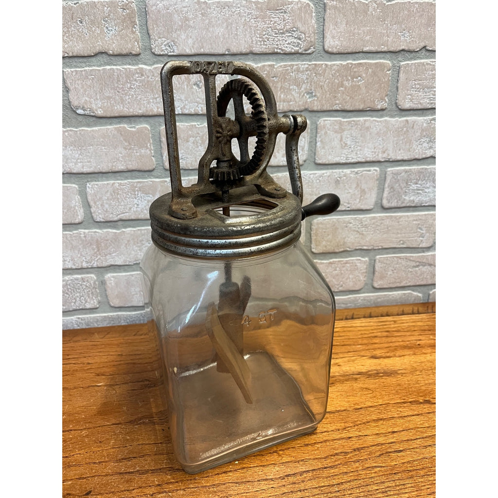 Vintage Antique Dazey Glass Jar Butter Churn Hand Crank 4 Qt. Wooden Beaters