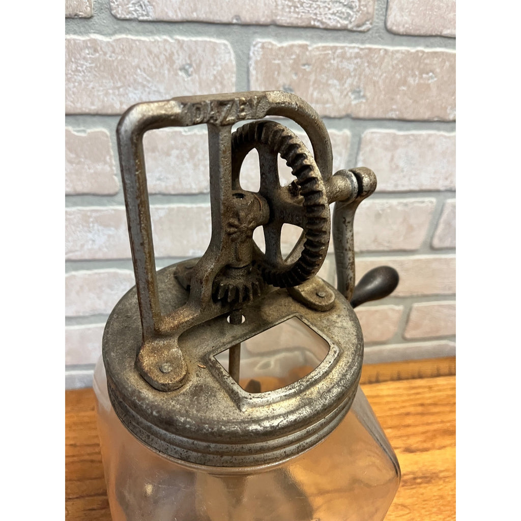 Vintage Antique Dazey Glass Jar Butter Churn Hand Crank 4 Qt. Wooden Beaters