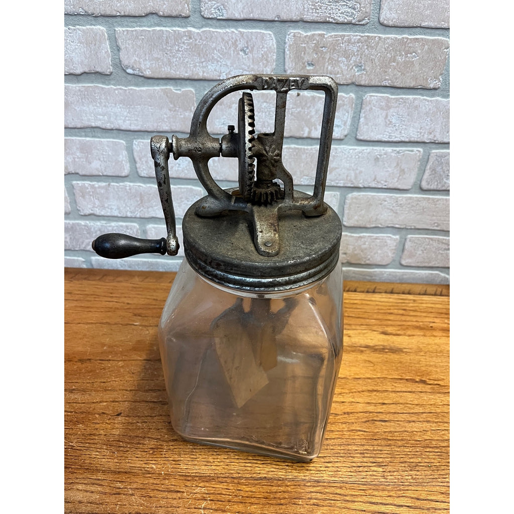 Vintage Antique Dazey Glass Jar Butter Churn Hand Crank 4 Qt. Wooden Beaters