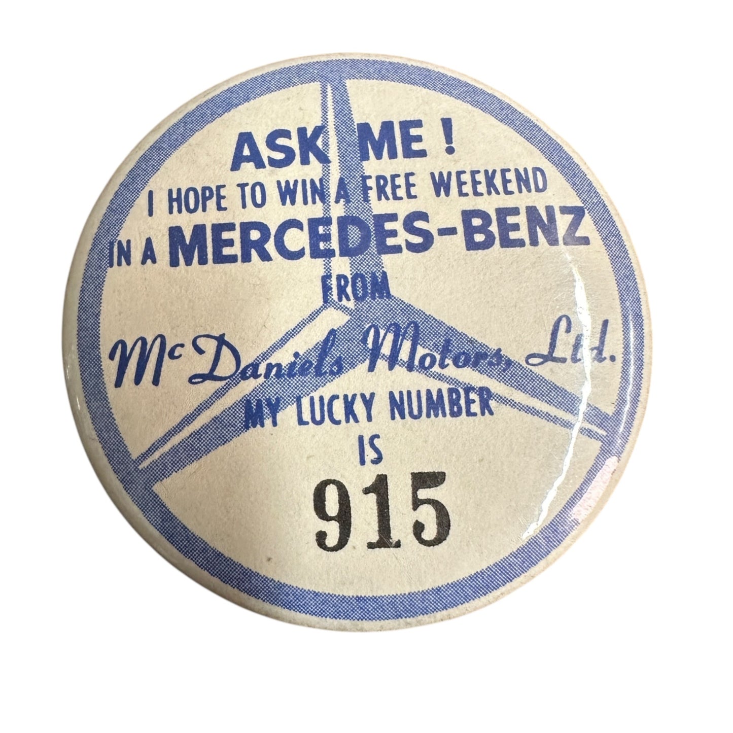 Vintage Mercedes-Benz Advertising Promo Pin Button McDaniels Motors Oshkosh Wis