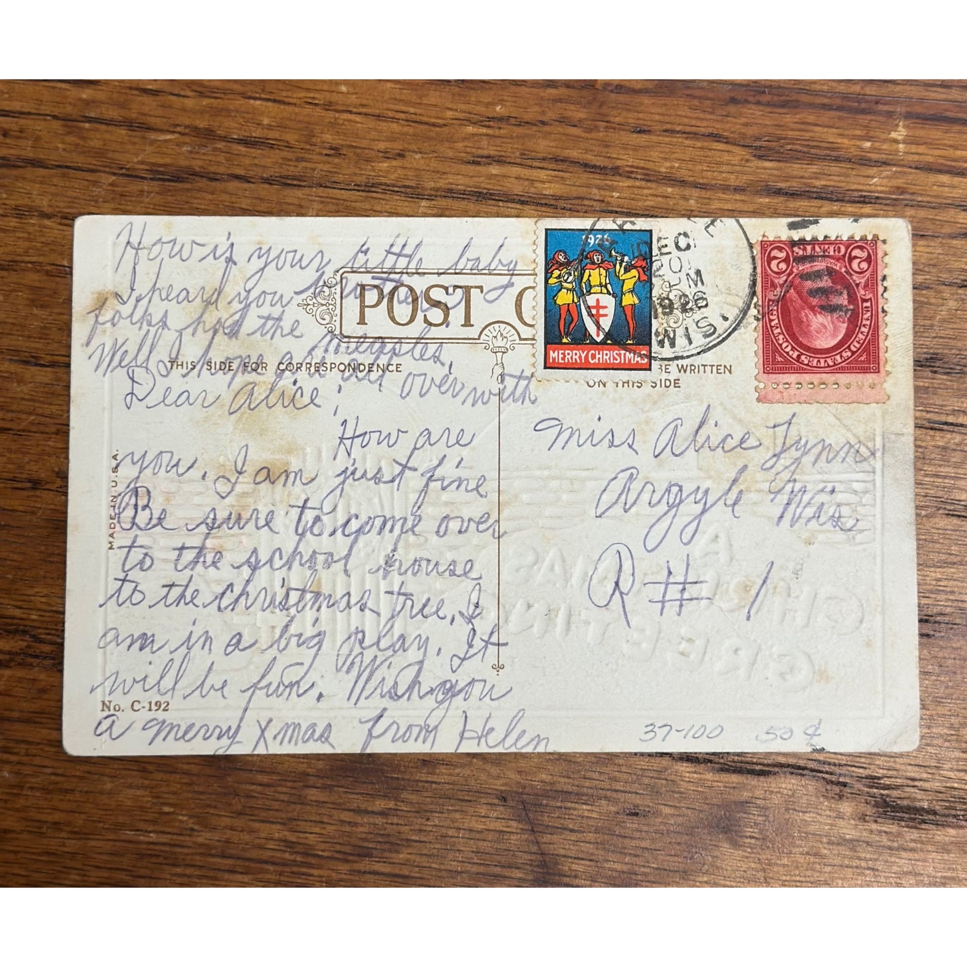 Vintage 1926 Christmas Postcard w/ Christmas Seal Tied American Red Cross