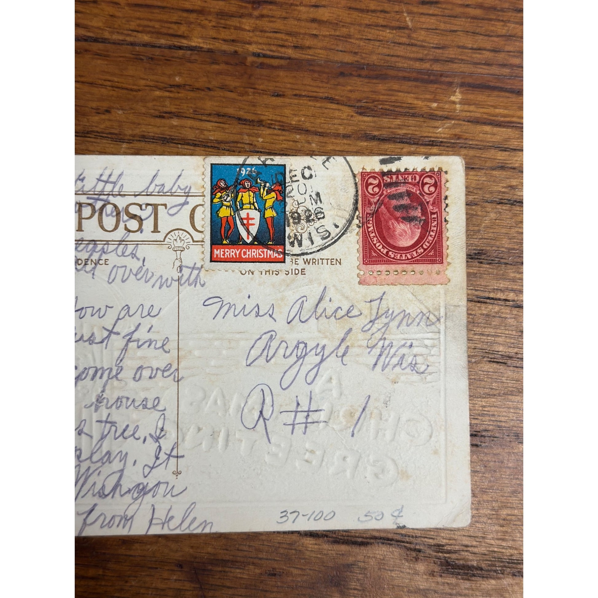 Vintage 1926 Christmas Postcard w/ Christmas Seal Tied American Red Cross
