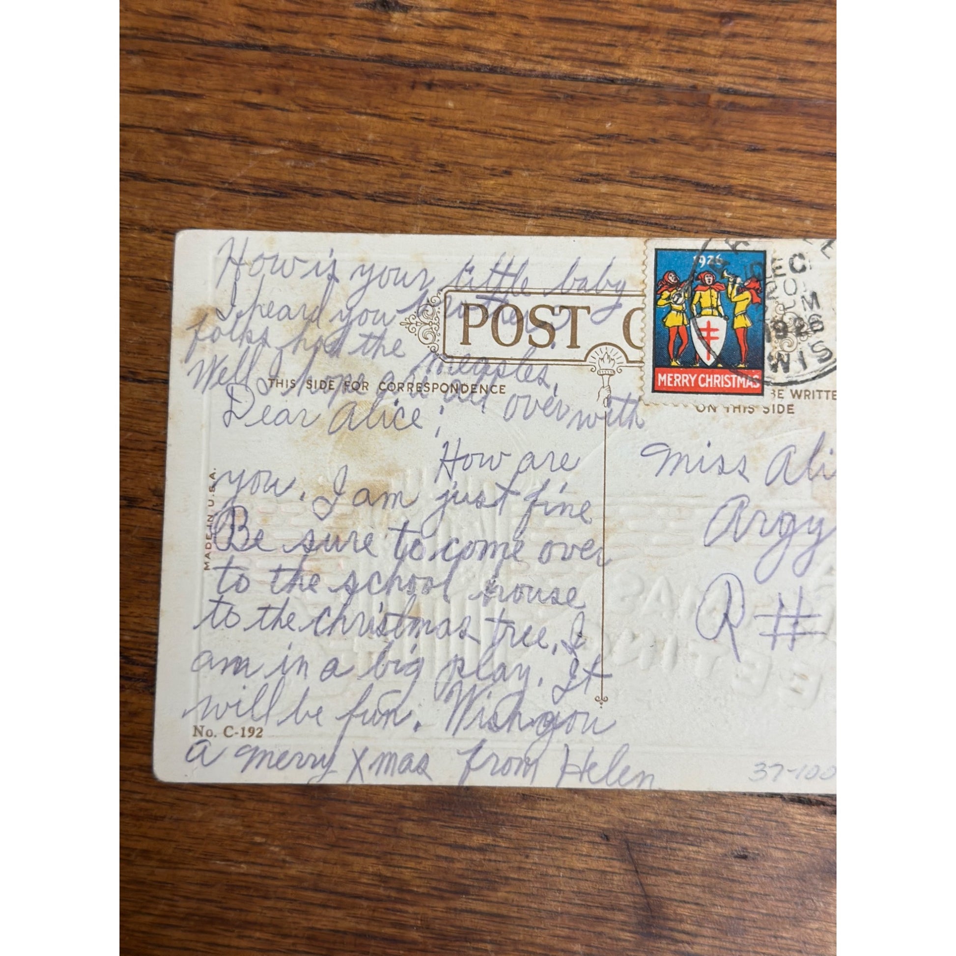 Vintage 1926 Christmas Postcard w/ Christmas Seal Tied American Red Cross