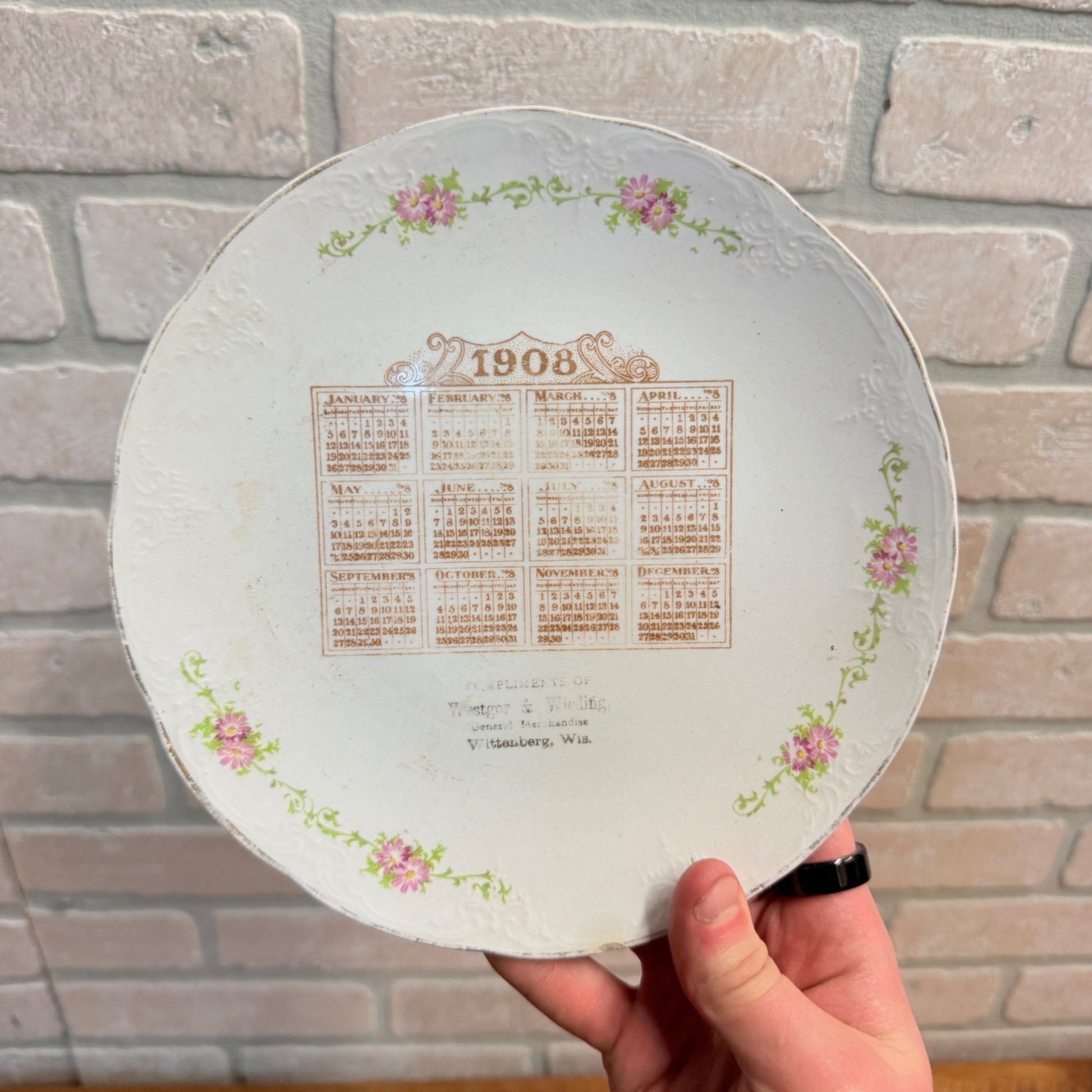 Vintage Advertising Calendar Plate 1908 Westgor & Wieding Wittenberg, WI