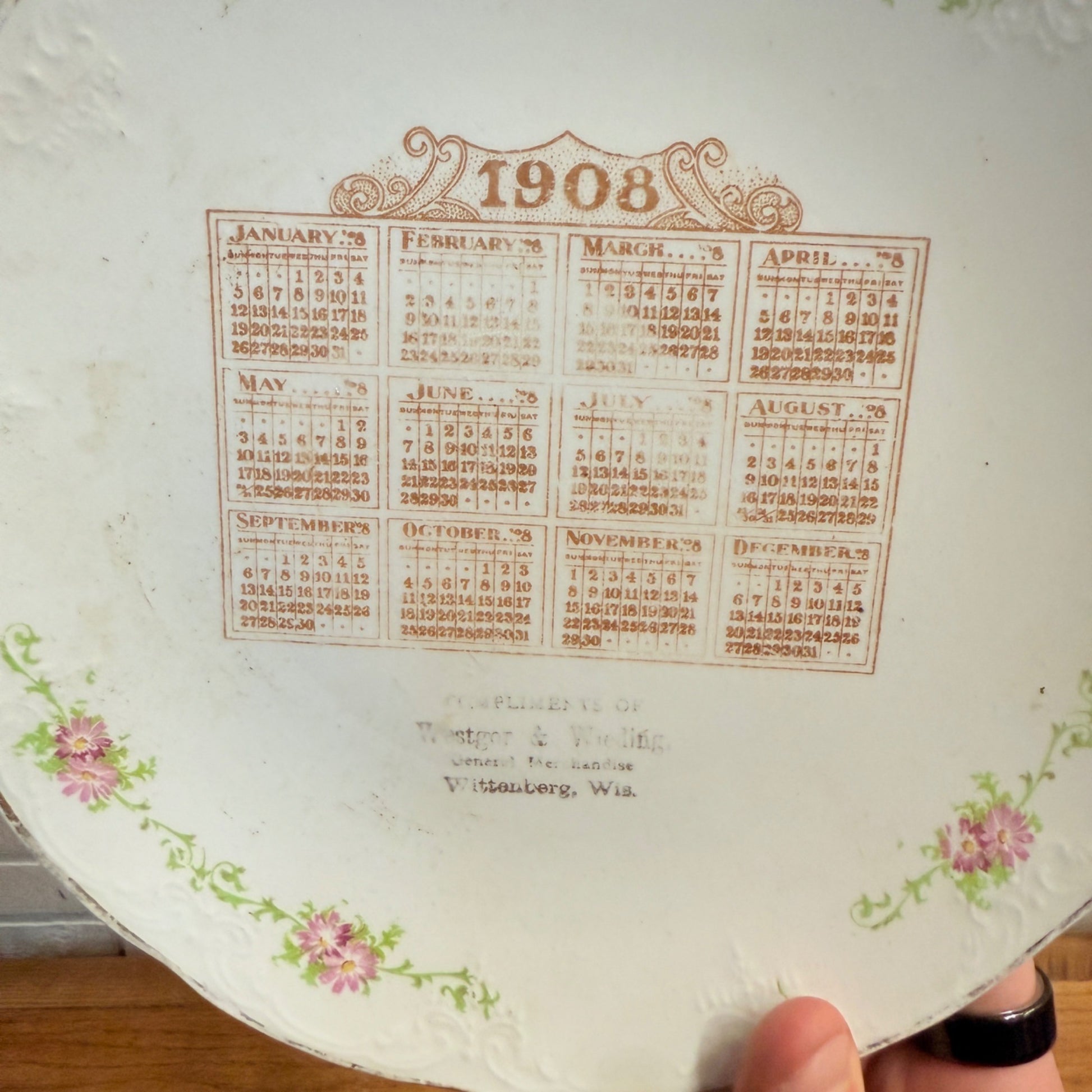 Vintage Advertising Calendar Plate 1908 Westgor & Wieding Wittenberg, WI