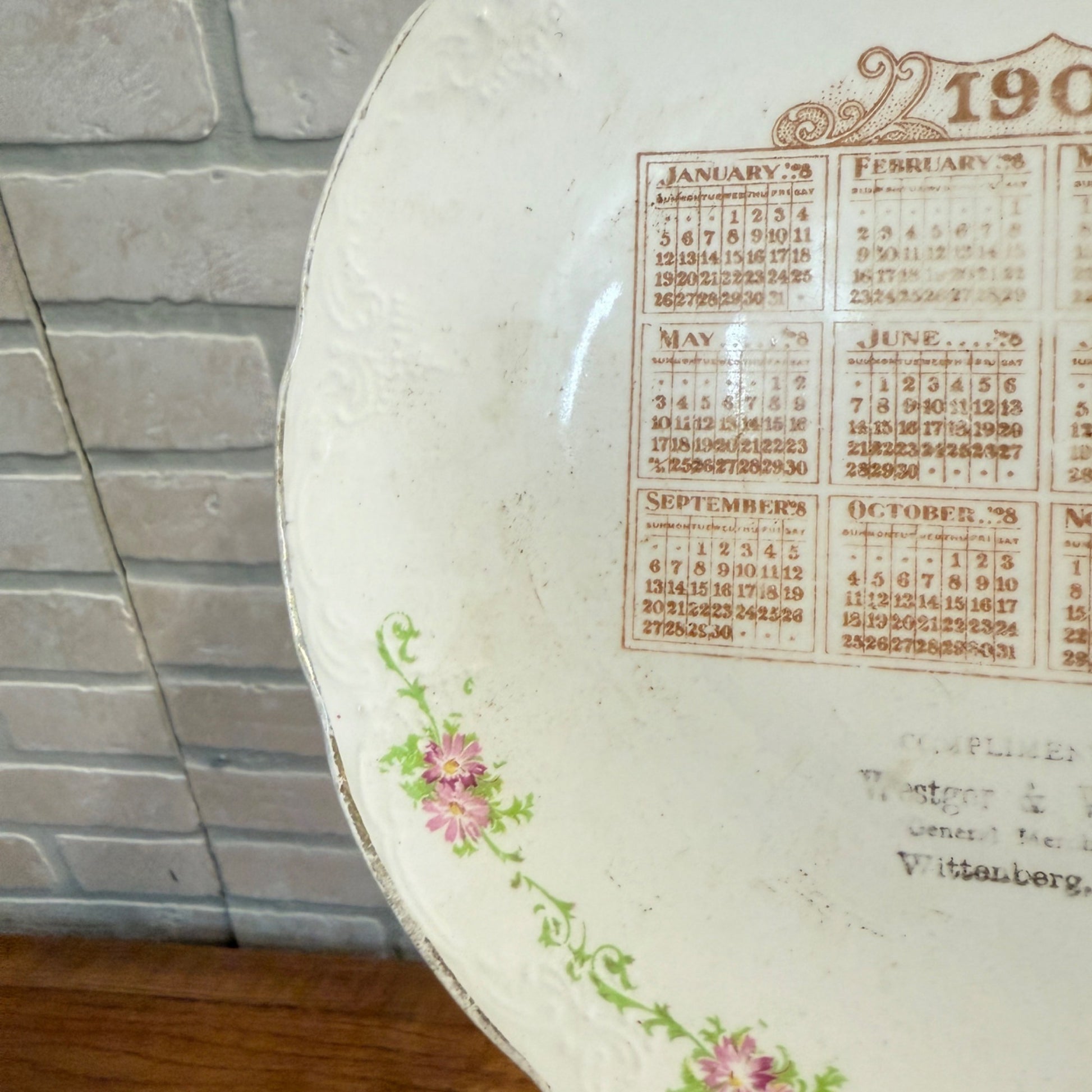 Vintage Advertising Calendar Plate 1908 Westgor & Wieding Wittenberg, WI