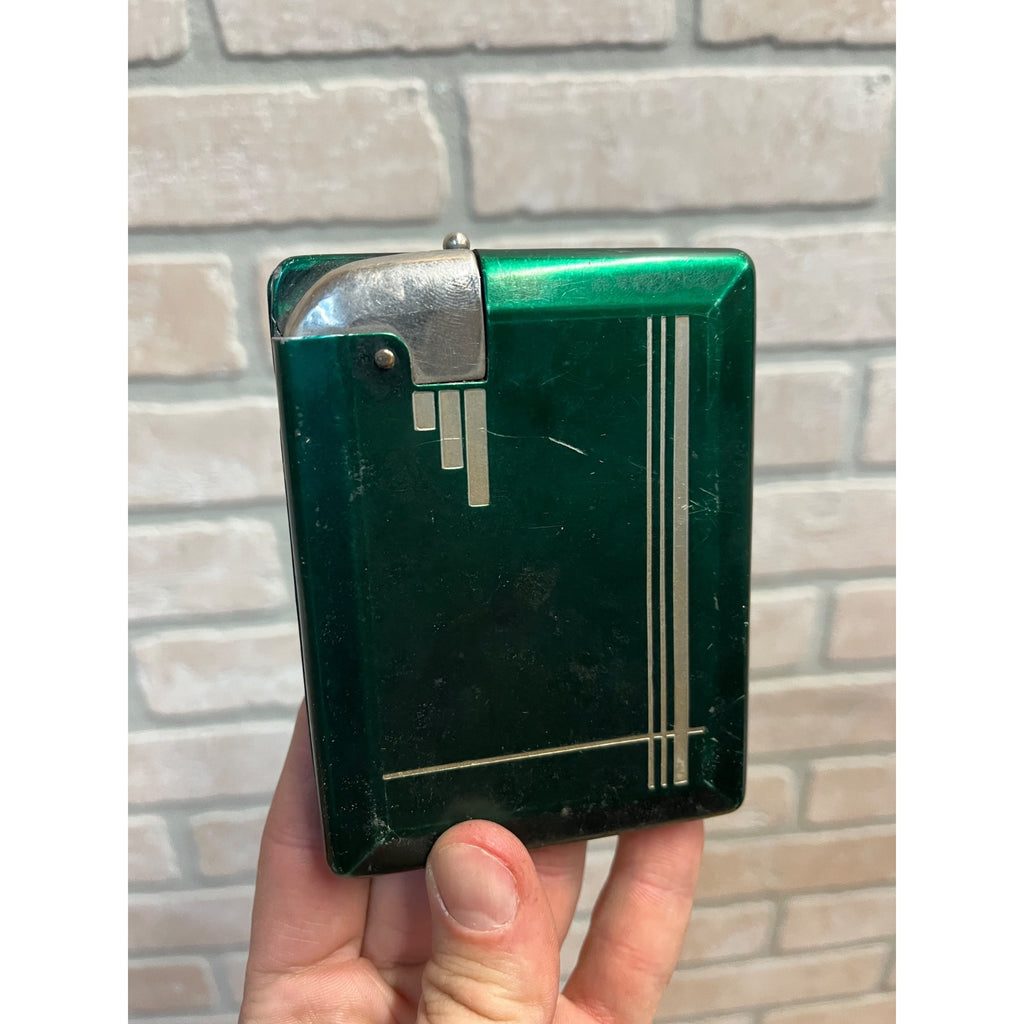 Vintage Art Deco Magic Cigarette Case w/ Lighter Green Tin