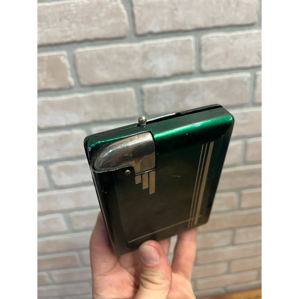 Vintage Art Deco Magic Cigarette Case w/ Lighter Green Tin