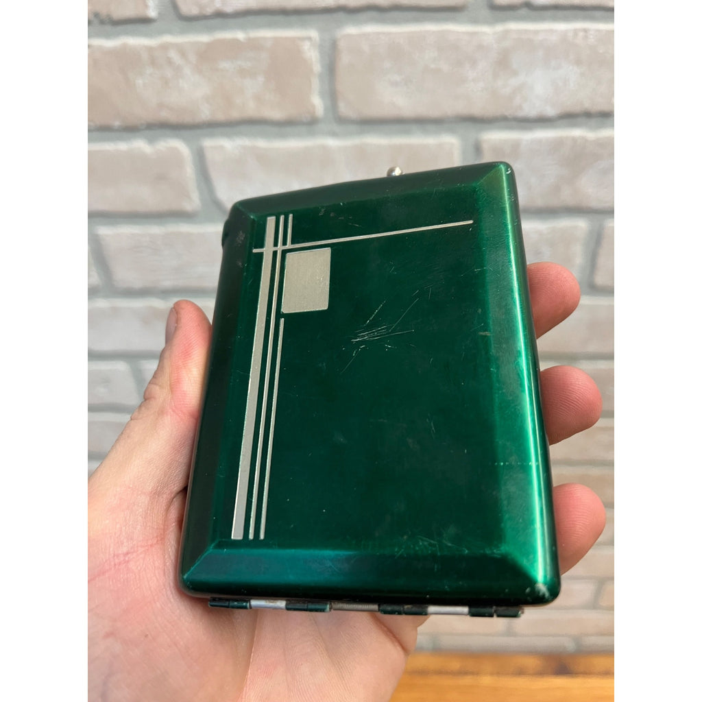 Vintage Art Deco Magic Cigarette Case w/ Lighter Green Tin