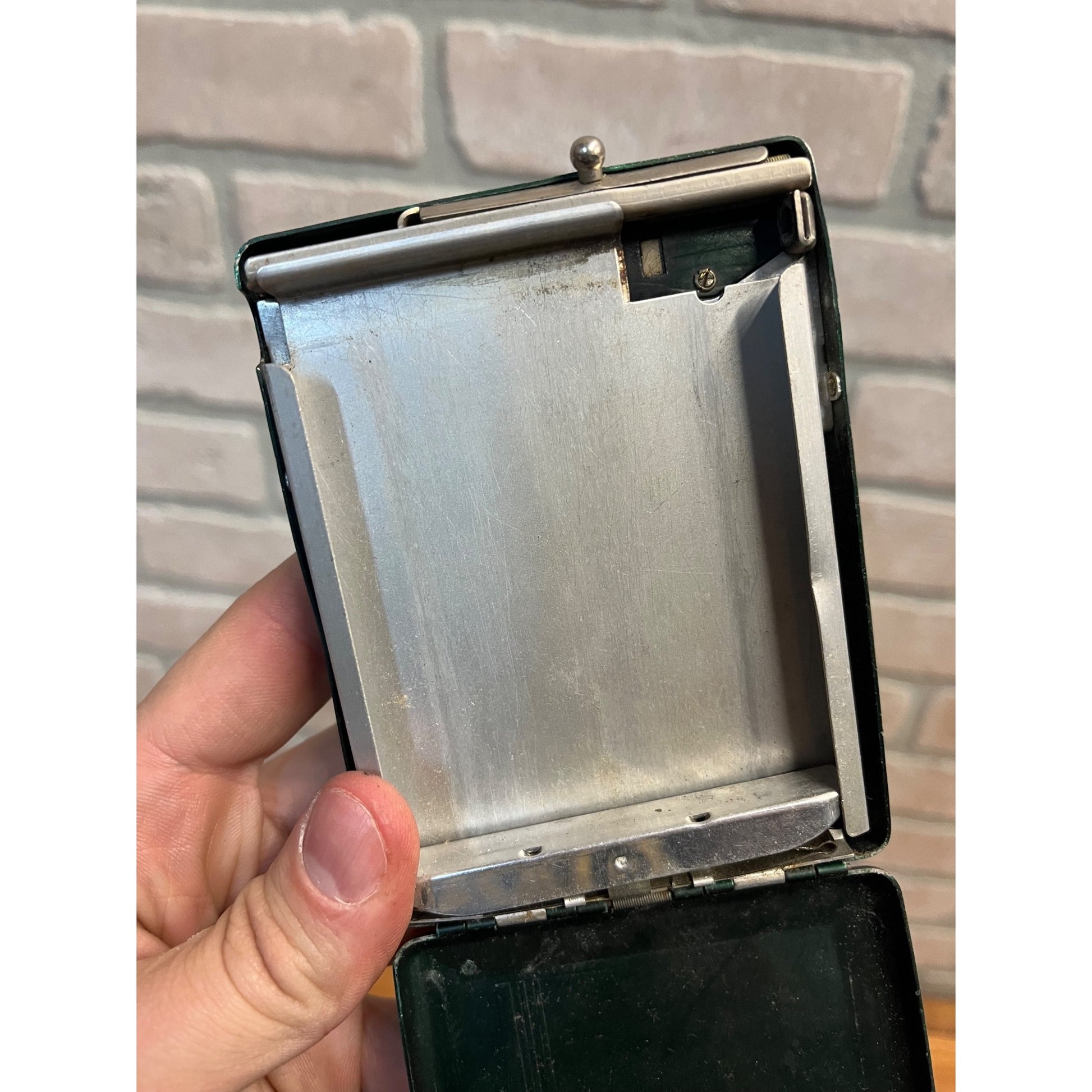 Vintage Art Deco Magic Cigarette Case w/ Lighter Green Tin