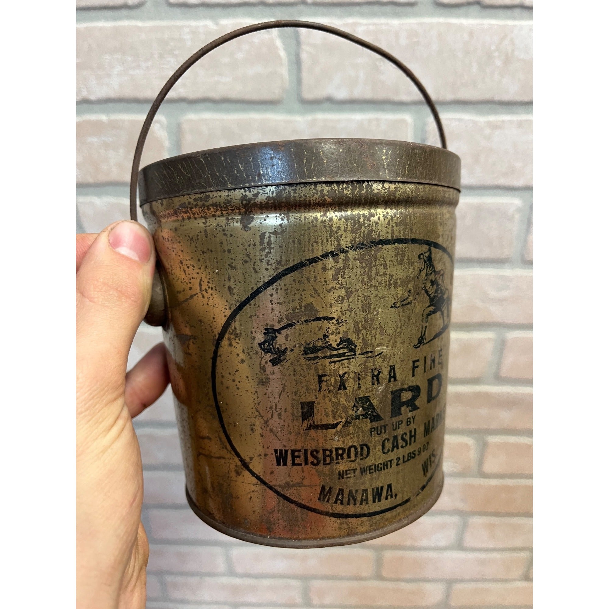 Vintage Weisbrod Cash Market Lard Tin Pail Advertising Manawa WI Wisconsin