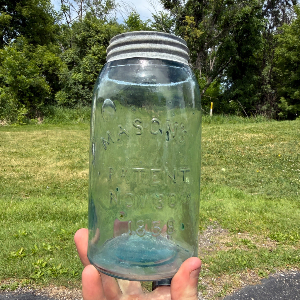 Antique Blue Aqua Mason Jar Patent 1858 Quart W/ Lid #152 Nice Bubbles